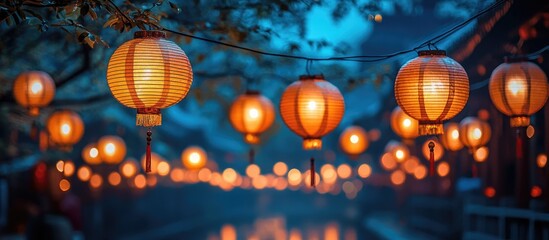 Poster - Serene Evening Scene of Illuminated Lanterns Hanging Over a Tranquil Waterway in a Festive Celebration Atmosphere