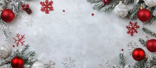Aufkleber - Festive Christmas wreath with red ornaments and snowflakes on a textured background creating ample copy space for holiday greetings and messages