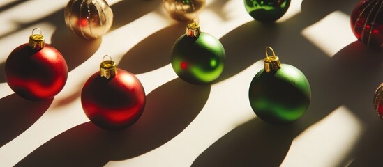 Fototapete - Colorful Christmas ornaments casting shadows on a surface creating a festive holiday scene in warm lighting