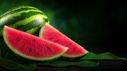  two slices of watermelon on a black background, with a few green leaves scattered around them The watermelon is a vibrant green color, and the leaves are a deep, l