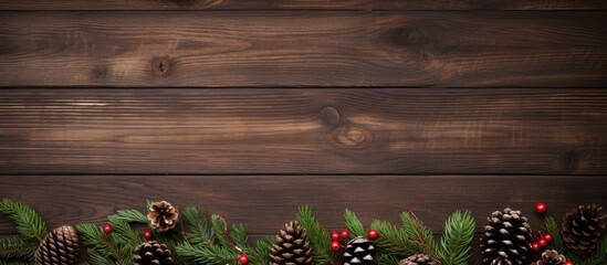 Aufkleber - Christmas decoration frame with ornaments fir branches and pine cones on rustic wooden table creating festive atmosphere and copy space