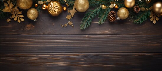 Poster - Elegant Christmas holiday decorations with pine branches and gold ornaments on a dark wooden table Aerial view space for your text