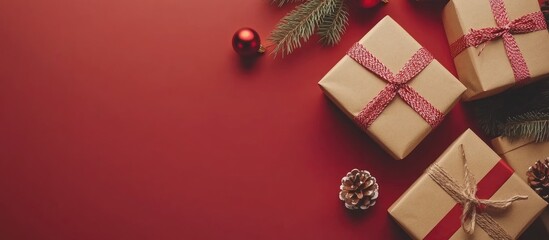 Aufkleber - Christmas gift boxes with decorative accents in a flat lay arrangement on a red background perfect for seasonal promotions and greetings.