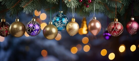 Poster - Elegant display of festive Christmas ornaments hanging from a beautifully adorned tree branch with soft glowing lights in the background