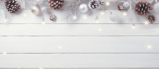Poster - Christmas wooden backdrop with fir branches pine cones snowflakes and fairy lights space for text flat lay top view festive decor