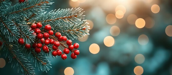 Poster - Christmas fir branch with vibrant red berries and blurred festive lights in the background creating a warm holiday atmosphere