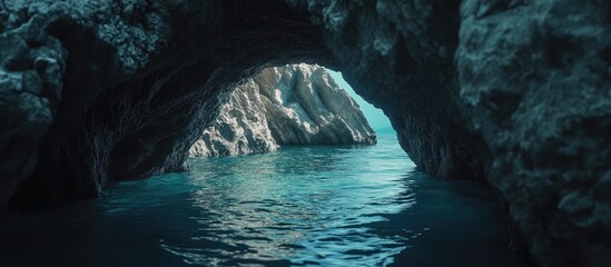 Poster - Seaside cave entrance with tranquil waters and rocky formations illuminated by sunlight streaming through the opening