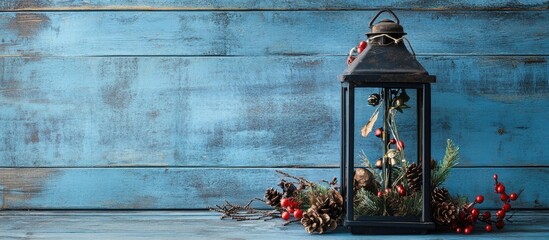 Aufkleber - Christmas Lantern with Festive Decorations on Blue Wooden Background Holiday Winter Decor Photography