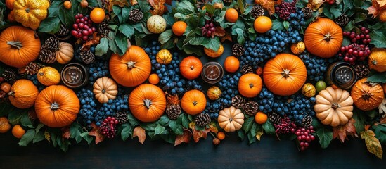 Aufkleber - Cozy autumn flat lay with pumpkins vibrant leaves and seasonal decor ideal for festive celebrations and home gatherings.