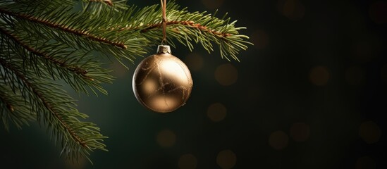 Aufkleber - Elegant Christmas tree ornament gracefully hanging from a pine branch with a soft bokeh background creating a festive atmosphere.