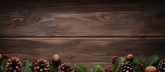 Aufkleber - Christmas themed wooden background with pine cones and fir branches for seasonal decor and holiday copy space design
