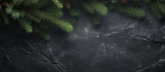 Poster - Christmas background with fir tree branches on dark stone surface creating a festive mood and empty space for your text or design elements