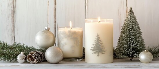 Poster - Christmas Candle Arrangement with Ornaments and Evergreen Tree on Rustic White Wood Background