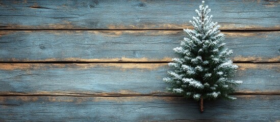 Aufkleber - Snow-covered Christmas fir tree on rustic wooden table with ample copy space for holiday greetings or messages
