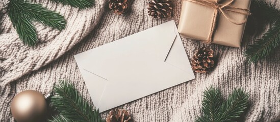Aufkleber - Christmas greeting card mockup on a knitted sweater background with envelope gift box fir branches and holiday decorations flat lay
