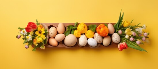 Fototapete - Cheerful Easter Still Life Aerial View of Eggs Flowers and Carrots on Yellow Background Space for Text and Advertisements