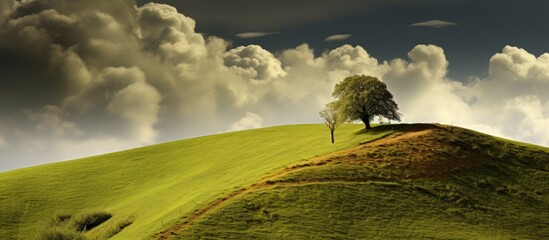 Poster - Serene countryside hill landscape with solitary trees against a dramatic cloudy sky showcasing natural beauty and tranquility.