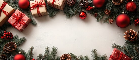 Poster - Christmas gift arrangement with fir tree branches red ornaments and decorations against a white background festive flat lay design