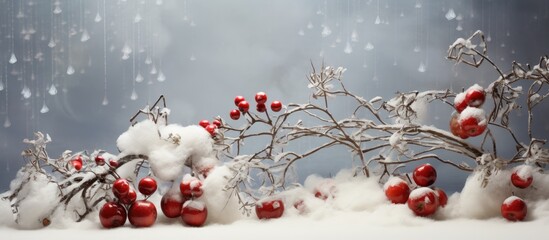 Poster - Winter holiday composition with twigs red berries apples white ornaments on snow background providing space for festive text and design elements