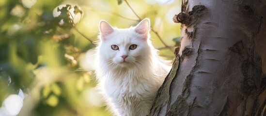Poster - Close up of a white cat resting beside a tree with soft natural light perfect for adding personalized text or messages