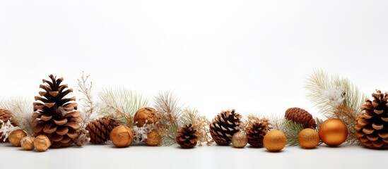 Poster - Winter holiday arrangement with pine cones and wooden ornaments on branches against a light background with ample copy space for seasonal designs