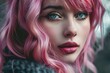 © juliars - Close up portrait of a young woman with vibrant pink hair, styled in soft waves, featuring captivating blue eyes and pink lipstick, creating a fashionable and expressive look