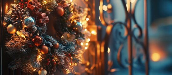Aufkleber - Decorative Christmas wreath adorned with ornaments and lights at a home entrance gate creating a festive holiday ambiance