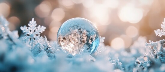 Aufkleber - Christmas ornament resting on snowflakes with soft focus highlighting winter beauty and festive spirit.
