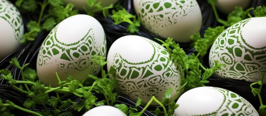 Aufkleber - Decorative eggs surrounded by fresh greens ready for coloring and festive celebrations in a vibrant spring setting.