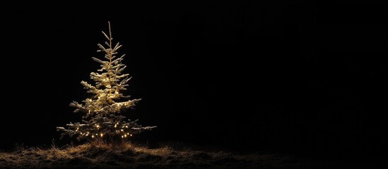 Poster - Illuminated Christmas tree in a dark nighttime setting creating a festive and cozy holiday atmosphere