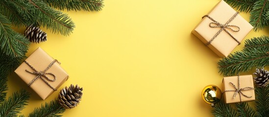 Poster - Festive yellow background with green tree branches gift boxes and pine cones creating a decorative Christmas layout with space for text