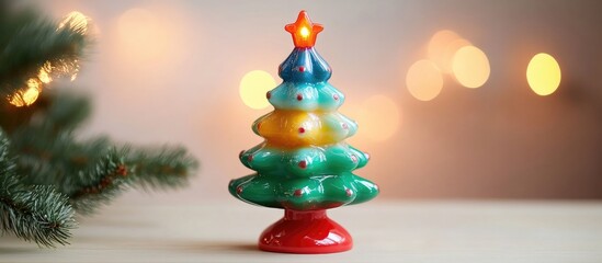 Poster - Retro Christmas tree ornament with star atop set against a softly blurred festive background creating a nostalgic holiday atmosphere