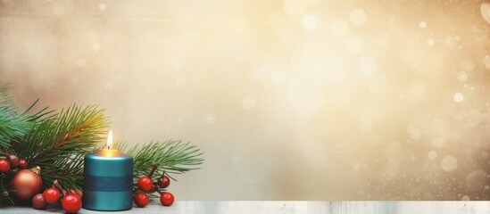 Aufkleber - Christmas festive scene with lit candle, pine branches, ribbon, and colorful ornaments on a soft textured background for holiday designs.