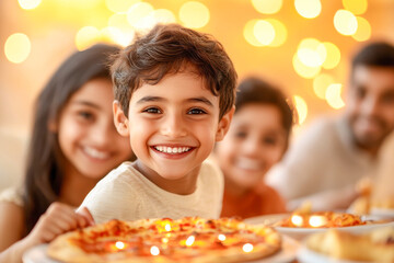 happy indian children eating pizza together