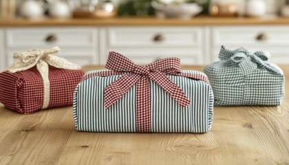 Wall Mural - Three fabric-wrapped gifts on wooden table.