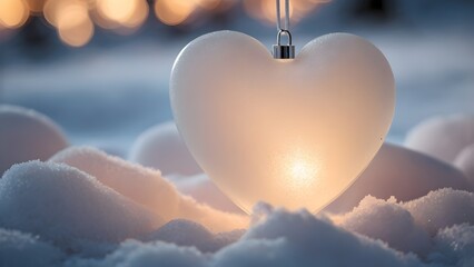 Wall Mural - Romantic Frosted Glass Heart on Snow with Soft Glow for Winter