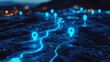 © Design Crush - blue glowing location pins on map with dynamic path lines connecting them against dark background AI image.