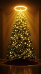 a majestic christmas tree stands tall in a dimly lit room with golden light shining from above, warm