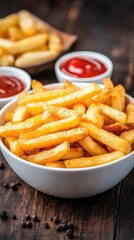 Golden French fries accompanied by sides of ketchup and black pepper sit elegantly on a rustic wooden table adorned with leaves