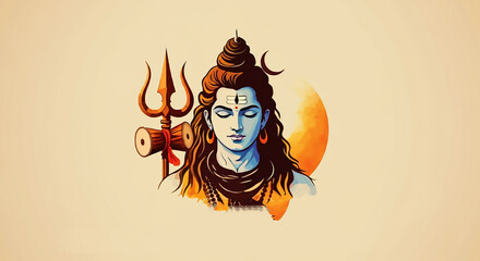 A calm depiction of Lord Shiva with a trident and crescent moon on a light beige background, symbolizing peace and divinity