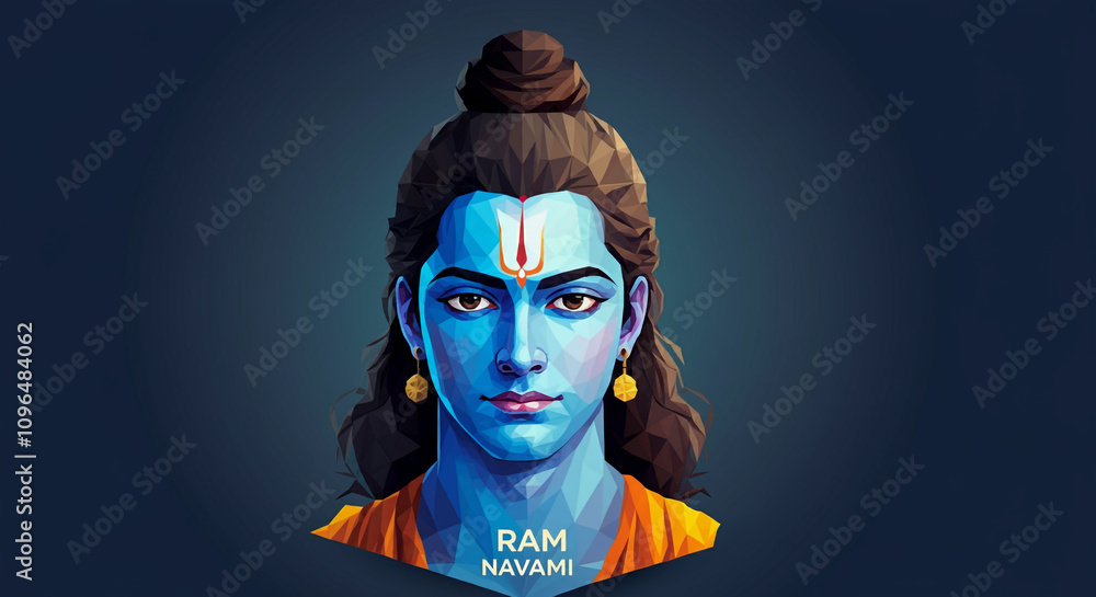 A vibrant close-up of Lord Rama, highlighting his serene expression and ...