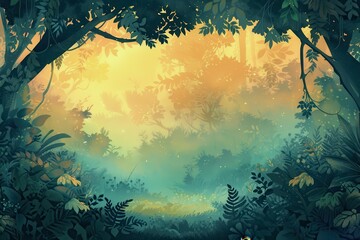 Wall Mural - A Golden Sunset Through a Lush Forest Canopy