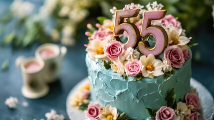 Poster - Blue Cake with Pink and White Flowers