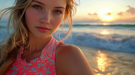 Wall Mural - Young woman with sun kissed skin at beach during sunset, radiating warmth and tranquility. ocean waves gently lap at her side, creating serene atmosphere