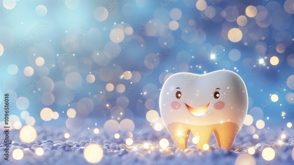 Smiling anthropomorphic tooth on a glowing blue background with golden ...