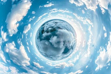 Wall Mural - simple tiny planet without buildings in blue sky with beautiful clouds. transformation of spherical 