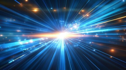 Canvas Print - An abstract blue light speed background that features vibrant laser rays and a glowing flare, representing motion and the essence of futuristic technology and progress in the digital era