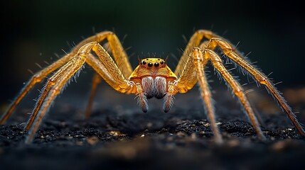 Wall Mural - Hairy legs of a golden spider delicately weaving a web in a dark minimalist scene