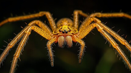 Wall Mural - Golden spider illuminated on a dark background while building an intricate web