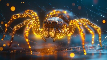 Wall Mural - Golden spider illuminated on a dark background while building an intricate web